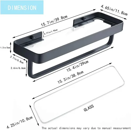 Miniatura 3 de Estante de vidrio templado para baño de 15.7 pulgadas con toallero, organizador de ducha de aluminio montado en la pared, gabinete de almacenamiento