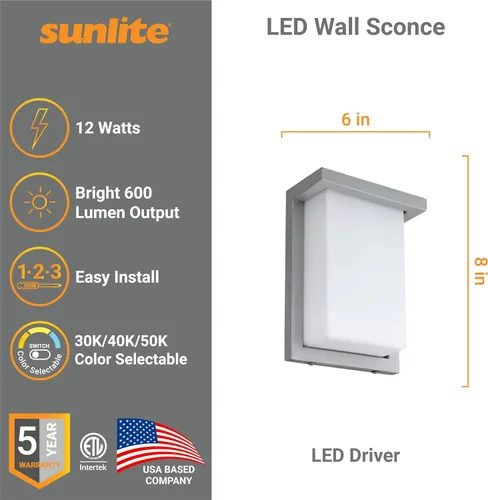 Miniatura 2 de Sunlite 81480 - Lámpara de pared LED moderna de 8 pulgadas, accesorio para exteriores, ajustable 3 CCT 3000K-5000K, 12 vatios, 600 lúmenes, pantalla