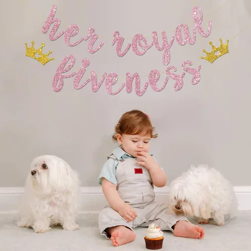 Miniatura 3 de INNORU Cartel con texto en inglés "Her Royal Fivenity" - Decoración de fiesta de cumpleaños número 5 para niñas, suministros de decoración de fiesta