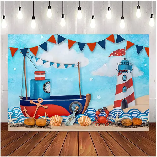Fondos de fotografía náutica de verano para vacaciones, velero, faro para niños, decoración de fondo de cumpleaños para niños, fiesta temática