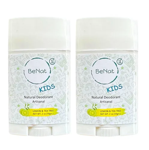 BeNat Paquete de 2 desodorantes naturales para niños y adolescentes, 100% natural, sin aluminio, sin carcinógenos, desodorante para niños y niñas,