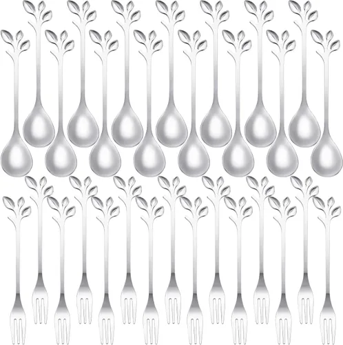 Miniatura 8 de Juego de 40 piezas de cuchara de café de hoja de acero inoxidable y tenedor de aperitivo, cuchara de postre, mini utensilios de postre plateados