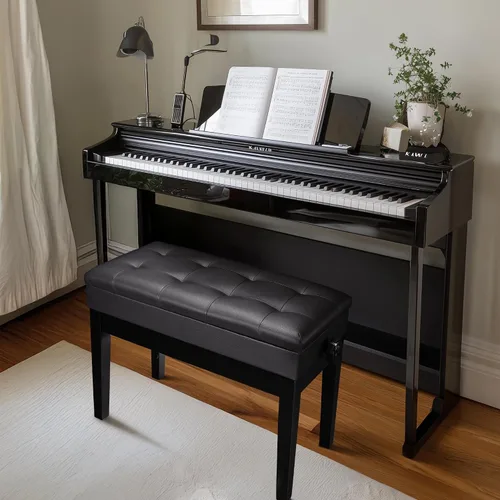Miniatura 2 de AW Banco de piano dúo con almacenamiento ajustable de madera negra para teclado, asiento cojín de cuero, silla Paino para piano, tienda de música