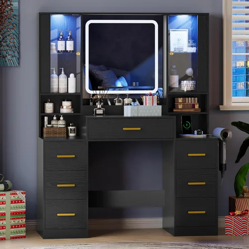Miniatura 3 de HUANLEGO Escritorio de tocador de maquillaje con espejo y luces, espejo de tocador negro con luces escritorio y 7 cajones y armario de cristal LED