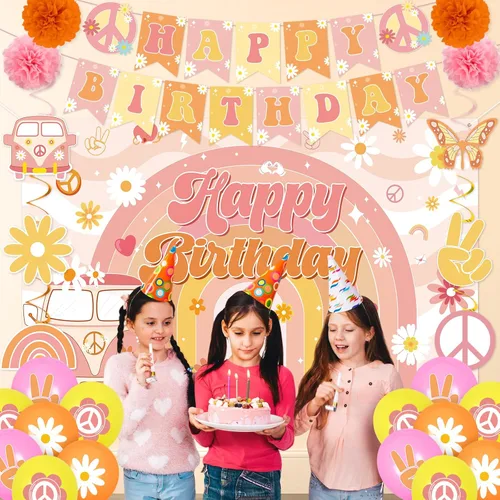 Miniatura 6 de Decoraciones de cumpleaños geniales para niñas y niños, retro hippie margarita, pancarta de feliz cumpleaños, telón de fondo de panal de abeja