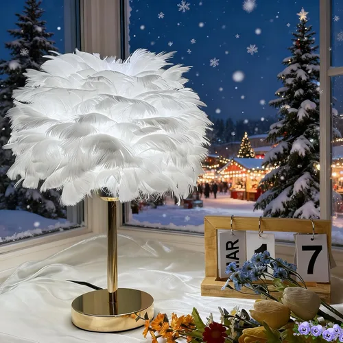 Lámpara de mesa de plumas blancas con acabado dorado, lámpara LED de escritorio de 3 colores que cambian de color, decoración moderna y elegante
