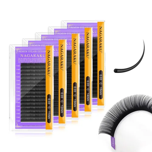 Miniatura 63 de NAGARAKU Extensiones de pestañas, pestañas individuales, 0.05mm, rizo D, 15mm, clásico, negro mate, suave, natural, profesional, 16 filas, 0.05-D