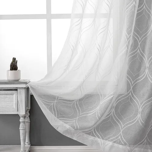 Miniatura 53 de VISIONTEX Cortinas traslúcidas blancas de 63 pulgadas de largo, juego de 2 paneles de bordado marroquí con puntos beige, tela de gasa bordada