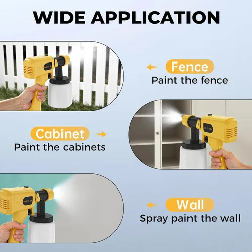 Miniatura 5 de Pulverizador de pintura de 400 W, 3 patrones de pulverización Hvlp pistola de pintura en aerosol, ancho y flujo de pulverización ajustables, Amarillo