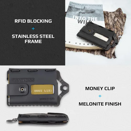 Miniatura 4 de Trayvax Element Wallet, RFID bolsillo frontal para tarjetas de crédito con clip para dinero, cartera minimalista de cuero delgado de metal