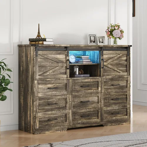 Miniatura 8 de Cómoda para dormitorio con 9 cajones, cómoda de madera de 43 pulgadas de alto con puertas corredizas de granero, luces LED, soporte de TV moderno