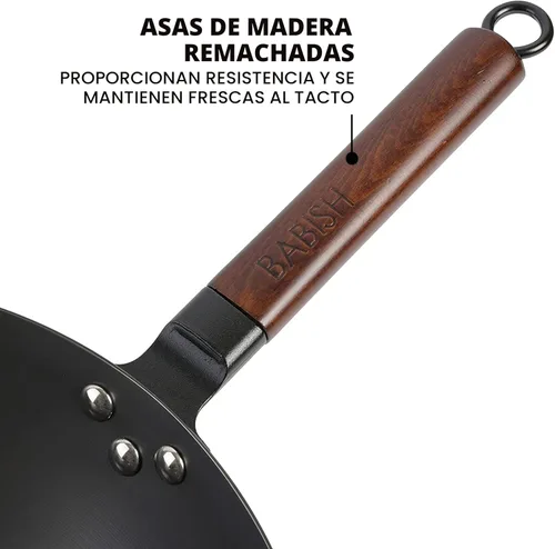 Miniatura 3 de Babish Wok de acero al carbono con fondo plano y sartén para saltear, 14 pulgadas