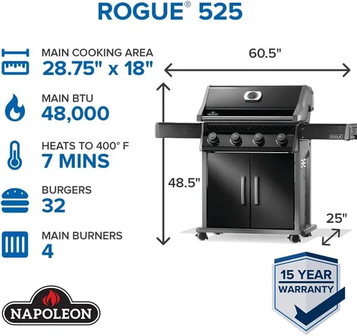 Miniatura 3 de Napoleon Rogue 525 Parrilla de Gas Natural, Negra, Rejillas de Acero Inoxidable, Barbacoa Resistente de 4 Mecheros