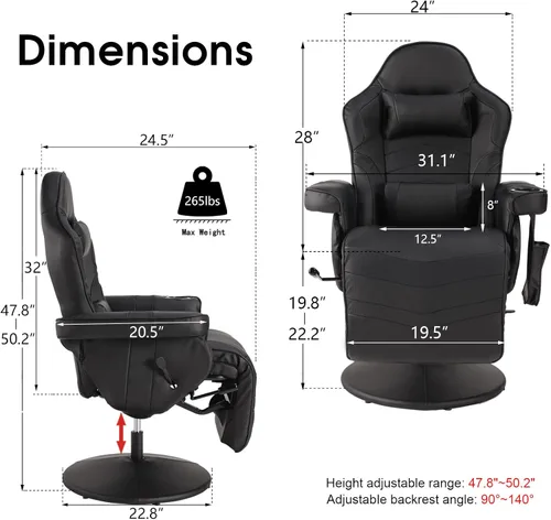 Miniatura 2 de LVUYOYO Silla reclinable para juegos, silla de juegos con reposapiés y masaje, respaldo alto de cuero PU reclinable para juegos con altura
