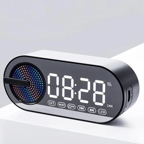IHAO Altavoces Bluetooth inalámbricos portátiles 4 en 1 Caja de sonido multifuncional Reloj despertador Mini Radio FM Espejo 4 horas de tiempo de