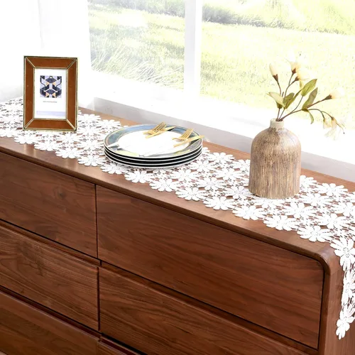 Miniatura 5 de Camino de mesa de encaje blanco para tocador, camino de mesa de margaritas de comedor de otoño, 13 x 35 pulgadas, mesa de café de té, decoraciones