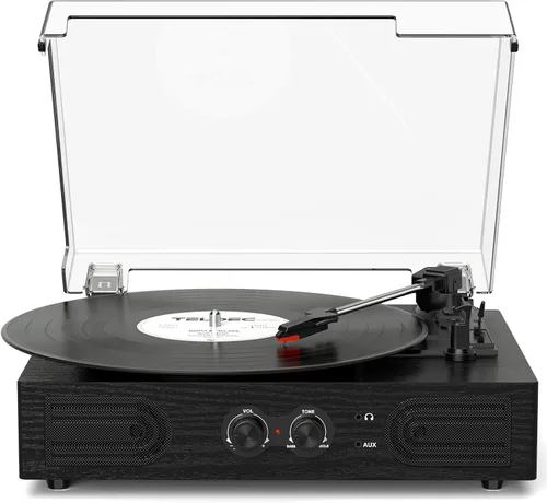 Tocadiscos de vinilo con altavoces incorporados, tocadiscos vintage de 3 velocidades compatible con control de agudos y graves, conector para