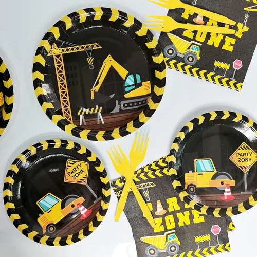 Miniatura 5 de 96 piezas de suministros para fiesta de cumpleaños con temática de construcción, platos de papel y servilletas con temática de construcción
