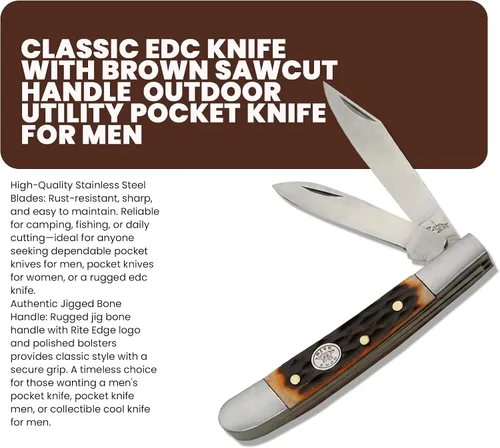 Miniatura 3 de Rite Edge SZCO - Cuchillo de bolsillo plegable de 2.75 pulgadas de Jig Bone Peanut - Cuchillo de acero inoxidable de 2 hojas para hombres con mango