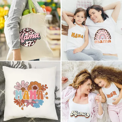 Miniatura 7 de Whaline 6 hojas de parches para planchar con texto en inglés "Mama Boho, para planchar con estampado de arcoíris, flores, leopardo, mamá", vinilo