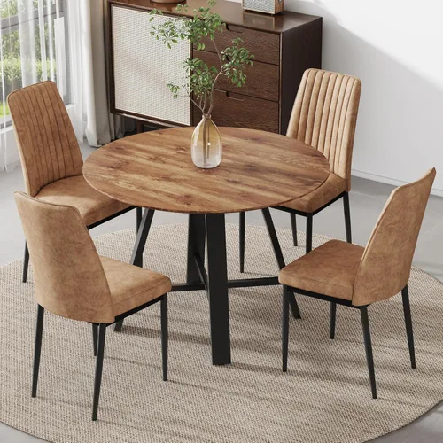 Miniatura 15 de Juego de 4 mesas de comedor redondas de 42 pulgadas para 4, sillas de mesa de cocina modernas, juego de 4 sillas tapizadas de madera con patas