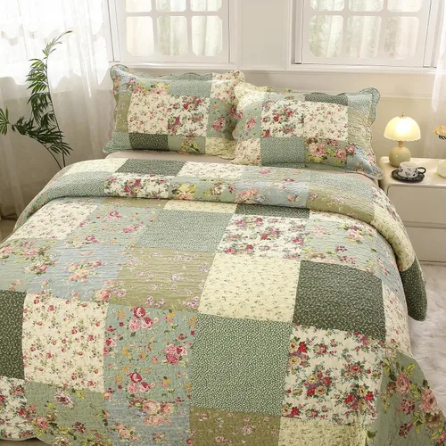 Miniatura 3 de vctops Juego de colcha acolchada de algodón con retazos bohemios, tamaño Twin, 2 piezas, suave, reversible, ligero, juego de cubrecama con estampado