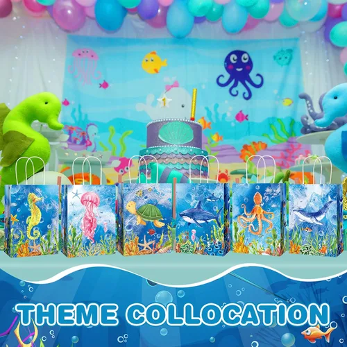 Miniatura 4 de Outus 24 bolsas de regalo para fiesta de animales marinos, temática oceánica, fiesta temática submarina, golosinas, bolsas con asa colorida