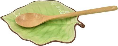 Soporte de cuchara de cerámica para hojas con juego de cuchara de madera, 7.5" x 5.1" | Cute Green Spoon Holder for Stove Top & Kitchen Counter,