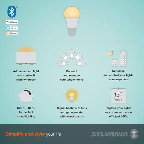 Miniatura 6 de LEDVANCE Sylvania Smart+ Bluetooth - Bombilla LED A19 blanca suave, compatible con Alexa, Apple HomeKit y Google Assistant, 1 paquete