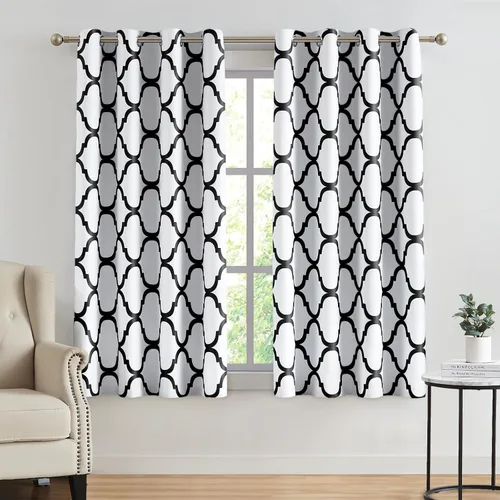 Miniatura 48 de Melodieux - Cortinas opacas estilo marroquí con aislamiento térmico y ojales para oscurecer sala de estar, 2 paneles. Blanco hueso/verde azulado