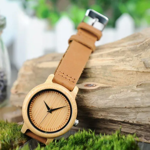 Miniatura 8 de BOBO BIRD Reloj de madera de bambú para hombre y mujer con correa de cuero de vaca marrón, relojes casuales de cuarzo analógico