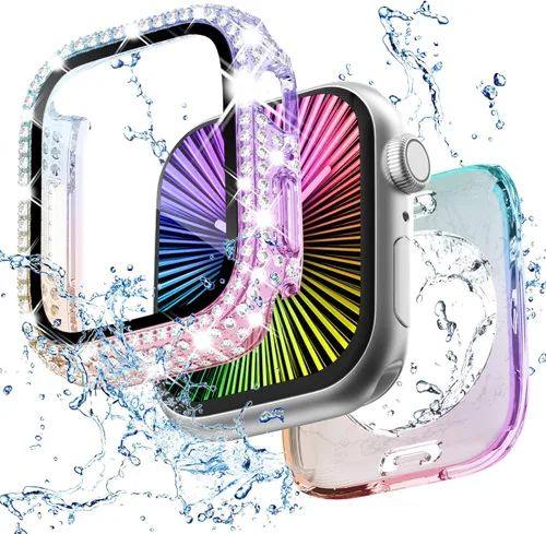 Miniatura 16 de Funda delantera y trasera, 2 en 1, brillante, impermeable, 360°, de policarbonato y protector de pantalla de vidrio para iWatch 8 y 7 de 41 mm, Negro