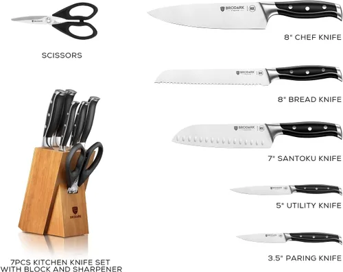Miniatura 6 de BRODARK Juego de cuchillos: Juego de 7 cuchillos afilados sin cuchillos para carne, juego de cuchillos para cocina con acero inoxidable alemán