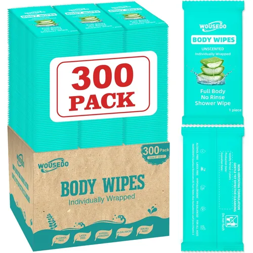 Paquete de 300 toallitas corporales envueltas individualmente (8 x 9.5 pulgadas), toallitas de ducha sin enjuague para adultos, viajes, gimnasio y