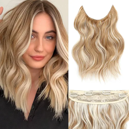 Miniatura 16 de Extensiones de cabello con halo de 12 pulgadas con alambre invisible, cabello largo ondulado ajustable, sintético, mejora con 4 clips de seguridad