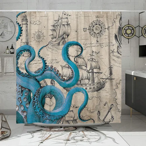 Juego de cortinas de ducha de pulpo náutico vintage, divertidas cortinas de ducha estilo kraken del océano para baño, decoración de mapa pirata