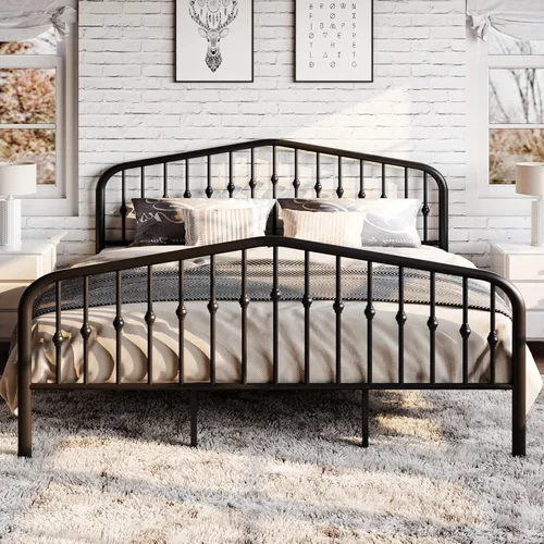 Miniatura 3 de SHA CERLIN Marco de Cama de Plataforma de Metal Tamaño King con Cabecero/Pie de Cama de Arte de Hierro Forjado Estilo Victoriano, No Requiere Negro