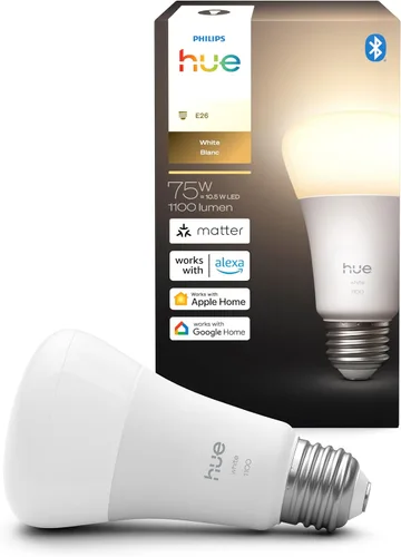 Philips Hue Bombilla LED inteligente A19, luz blanca cálida de 2700 K, base E26, 10.5 W, 1100 lúmenes, regulable, funciona con Alexa, Google