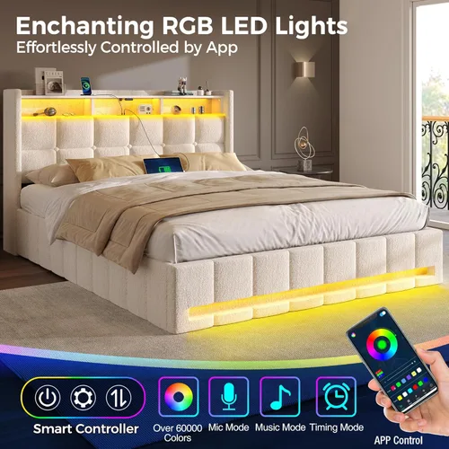 Miniatura 4 de Rolanstar Marco de cama tamaño completo con almacenamiento elevable, estación de carga y luces LED, cabecera tapizada con almacenamiento, listones