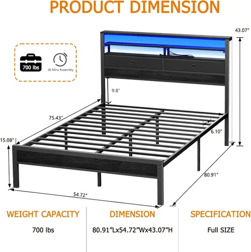 Miniatura 2 de Furnulem Full Size Bed Frame with Headboard, 3-Tier Storage Shelves & 2 Fabric Drawers, Built-in Charging Station & RGB LED Lights, Metal Slat