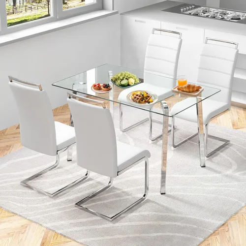 Miniatura 10 de Juego de mesa de comedor de cristal para 4, mesa rectangular con 4 sillas de cocina de cuero gris, juego de comedor de cocina de 51 pulgadas, mesa 4