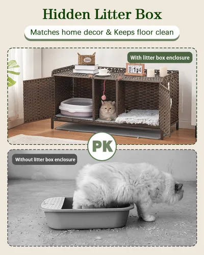 Miniatura 4 de SETVSON Caja de Arena para Gatos para 2 Gatos, Mueble Oculto de Caja de Arena con Alfombra, Casa Grande de Ratán para Gatos con Habitación Doble