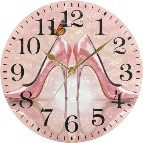 Miniatura 11 de ALAZA Reloj de pared redondo acrílico para decoración del hogar, diseño de mariposa, de tacón alto, color rosa, 9.84 pulgadas, sin tictac, para sala