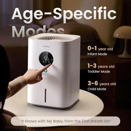 Miniatura 2 de Provirtec Humidificador evaporativo Pro Baby para dormitorio, sin niebla y sin polvo blanco, sin BPA y 16 dB, sueño silencioso para niños, 3 modos