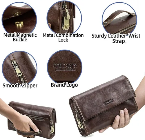 Miniatura 5 de Contacts Genuine Leather Mens Clutch Bag Code Lock Anti Theft Travel Clutch Wallet Clutches Organizer