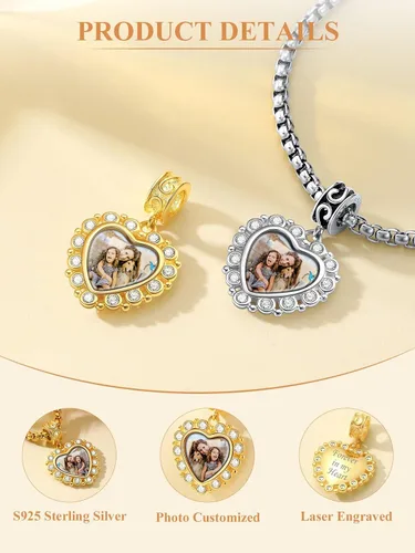 Miniatura 38 de Custom4U Photo Charms for Bracelets 925 Sterling Silver/Gold Plated Heart/Tree of Life/Round Charm Bead Personalized with Picture Custom