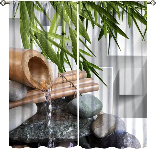 Miniatura 36 de Cortinas con estampado de bambú verde natural, plantas asiáticas, japonesas, tallos rústicos, hojas, cortina de selva con bolsillo para cortinero