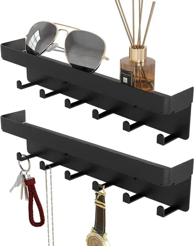 Miniatura 11 de Soporte para llaves de pared, organizador rústico de llaves y correo, 6 ganchos para llaves con estante, pequeño estante para llaves con bandeja