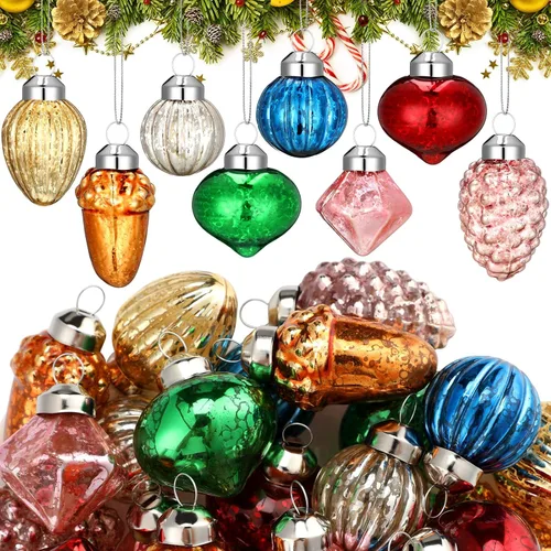 Capoda 32 adornos de Navidad vintage de 1.2 pulgadas, adornos de vidrio antiguos, decoraciones de Navidad vintage, mini bolas de árbol retro,