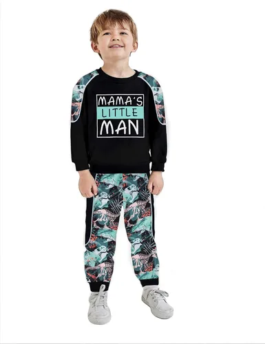Miniatura 4 de KANGKANG Conjunto de sudadera de manga larga con estampado de letras para niños pequeños, conjunto de pantalones con estampado de dinosaurio